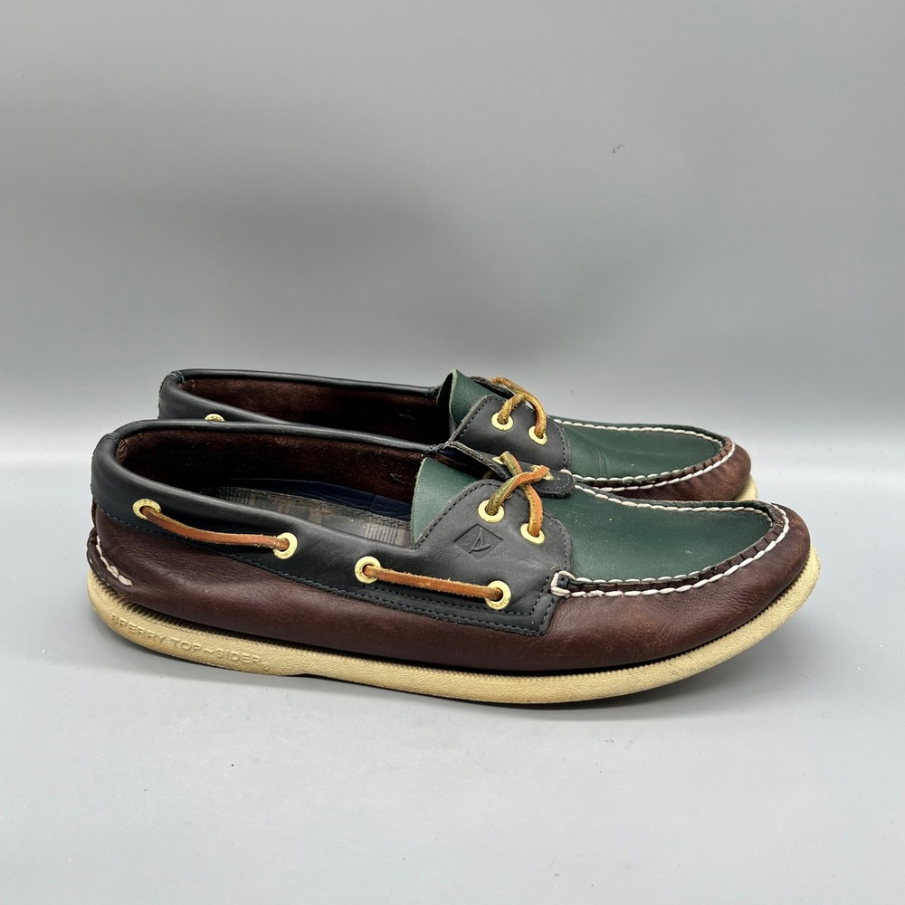 Sperry Shoes Mens 10 Brown Green Leather Top Sider Boat 2 Eye Authentic Original